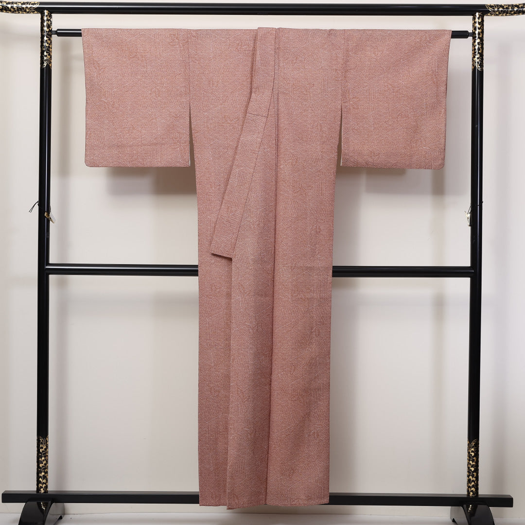 小紋(鮫) 洗える着物 単衣 身丈152cm 裄丈65cm ウール Sランク Sサイズ バチ衿 カジュアル 亀甲 植物柄 赤系 1215-02281