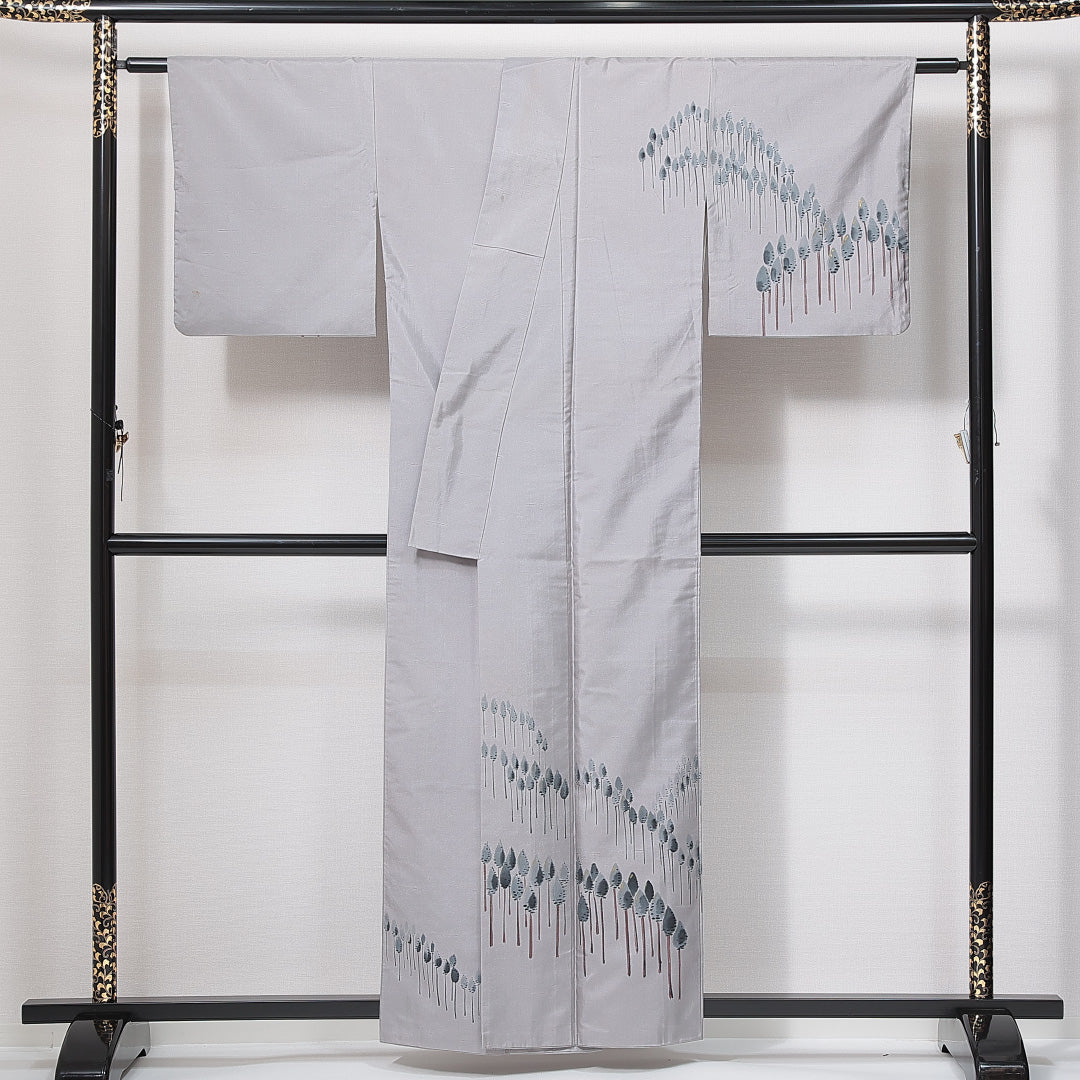 付下げ(飯田紬) 袷 身丈156cm 裄丈63cm 正絹 Cランク Mサイズ 広衿 インフォーマル 木立 金彩 作家物 落款 グレー系 1261-14986