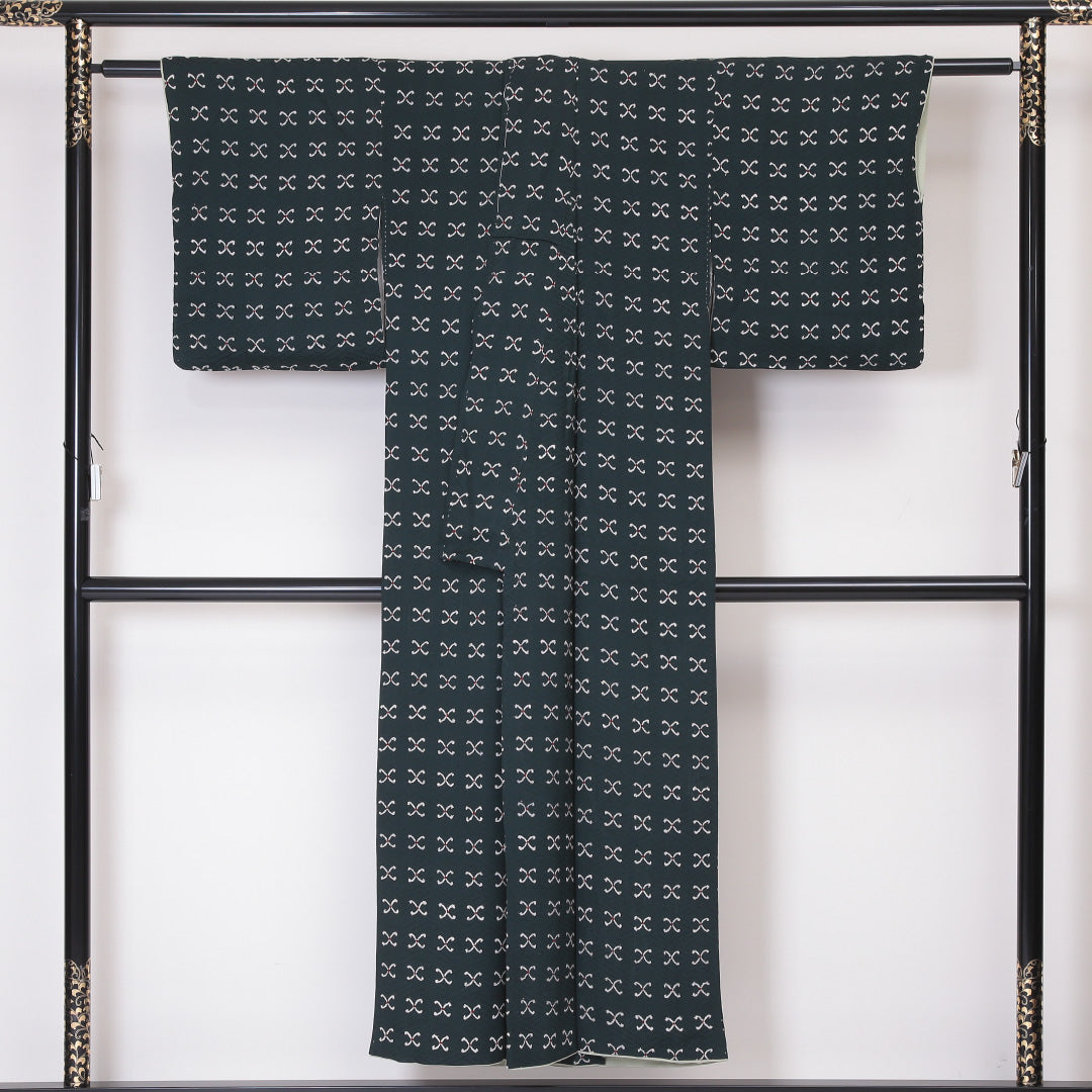 アンティーク 小紋 袷 身丈148cm 裄61cm 正絹 レトロ 緑系 Sランク 1215-02123