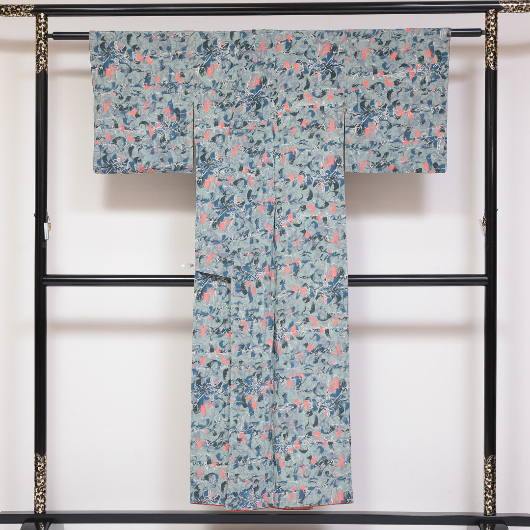 小紋 袷 身丈148cm 裄丈62cm 正絹 Sランク インフォーマル 広衿 XSサイズ 花柄 水色系 RP 1221-01752