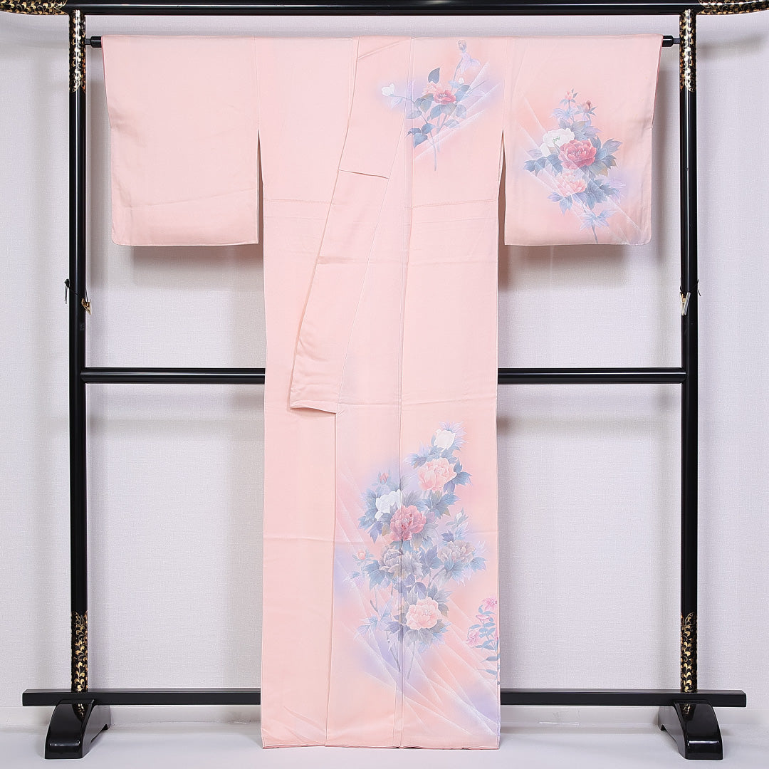訪問着 身丈164cm 裄丈64cm L 正絹 Aランク 袷 広衿 刺繍 牡丹 椿 1212-10222