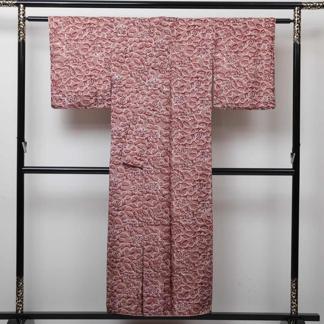 洗える着物 小紋 袷 身丈151cm 裄丈61cm ポリエステル Sランク インフォーマル 広衿 Sサイズ 花柄 ピンク系 RP 1221-01315
