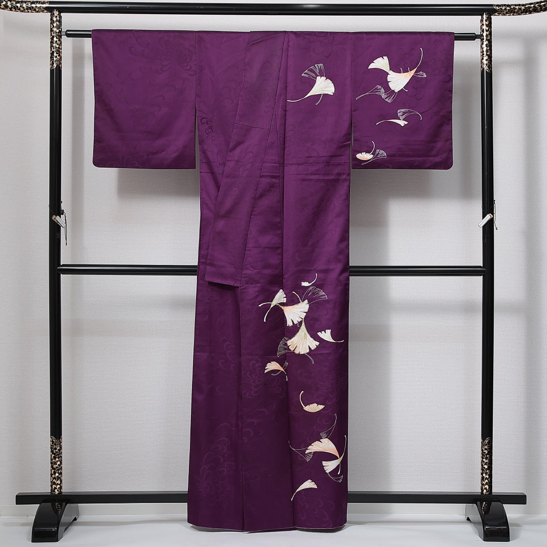 訪問着 洗える着物 袷 身丈157cm 裄丈64cm ポリエステル Cランク Mサイズ 広衿 セミフォーマル 紋意匠 菊 銀杏 紫系 1212-14992