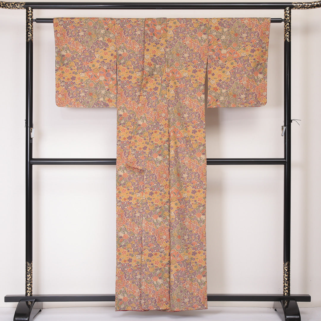 洗える着物 小紋 袷 身丈159cm 裄丈65cm ポリエステル Sランク インフォーマル 広衿 Mサイズ しつけ糸 花柄 植物柄 茶系 RP 1221-02141