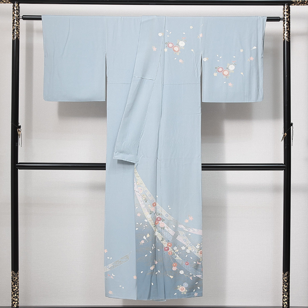 訪問着 袷 身丈144cm 裄丈59cm 正絹 Aランク セミフォーマル 広衿 XSサイズ 短冊 菊 水色系 RP 1217-14902