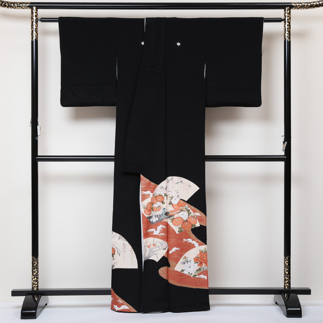 黒留袖 五つ紋 五三桐 身丈163cm 裄丈62.5cm Sランク 正絹 袷 広衿 L 京友禅 雉 牡丹 フォーマル 黒系 1211-F0189