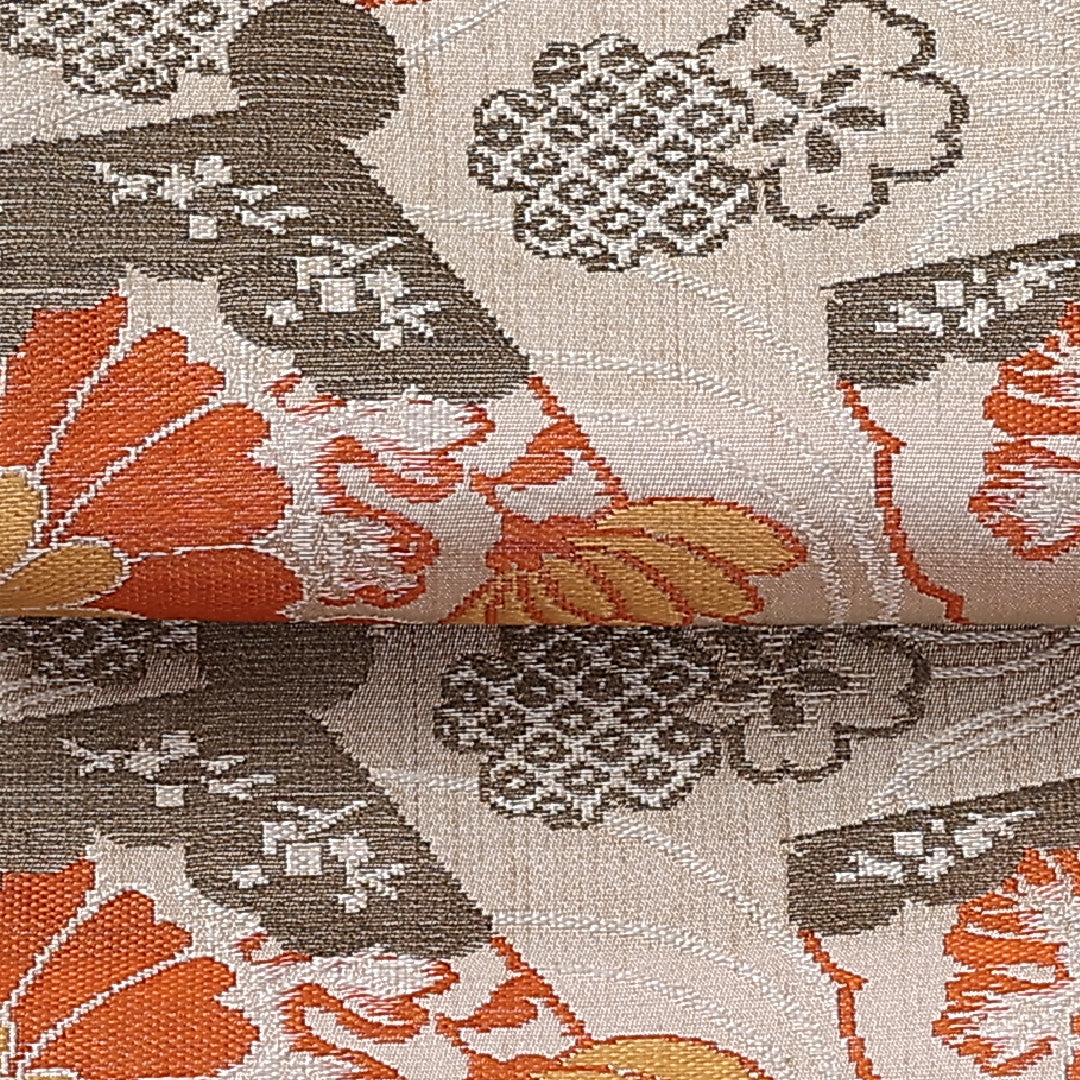 アンティーク 半幅帯 帯丈296cm 全通 小袋帯 扇 牡丹 菊 桜 紅葉 正絹 クリーム系 Cランク 1225-000351