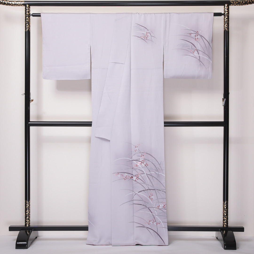 付下げ 袷 身丈165cm 裄丈66cm 正絹 Sランク 一つ紋 (丸に違い鷹の羽) セミフォーマル 広衿 XLサイズ 小町鼠 すすき グレー系 RP 1218-04615