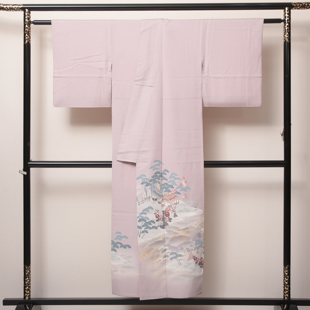 色留袖 袷 身丈148cm 裄63cm 正絹 一つ紋 御所解 剣片喰 日向紋 紋意匠 紗綾形 ピンク系 証紙 Aランク 1211-00124