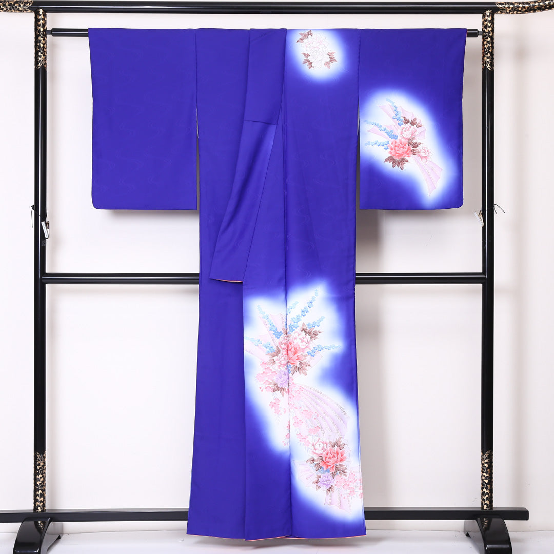 訪問着 袷 身丈159cm 裄丈66cm 正絹 Sランク セミフォーマル 広衿 Mサイズ 牡丹 青系 RP 1217-04477