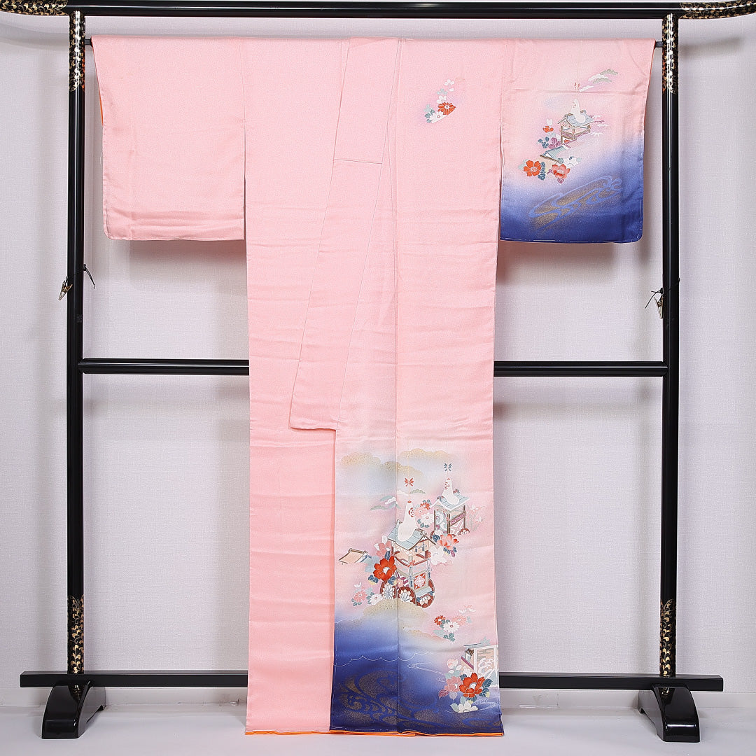 訪問着 袷 身丈171cm 裄丈68cm 正絹 Aランク セミフォーマル 広衿 2XLサイズ 金彩 御所車 雲取り 椿 鉾 ピンク系 RP 1217-10713