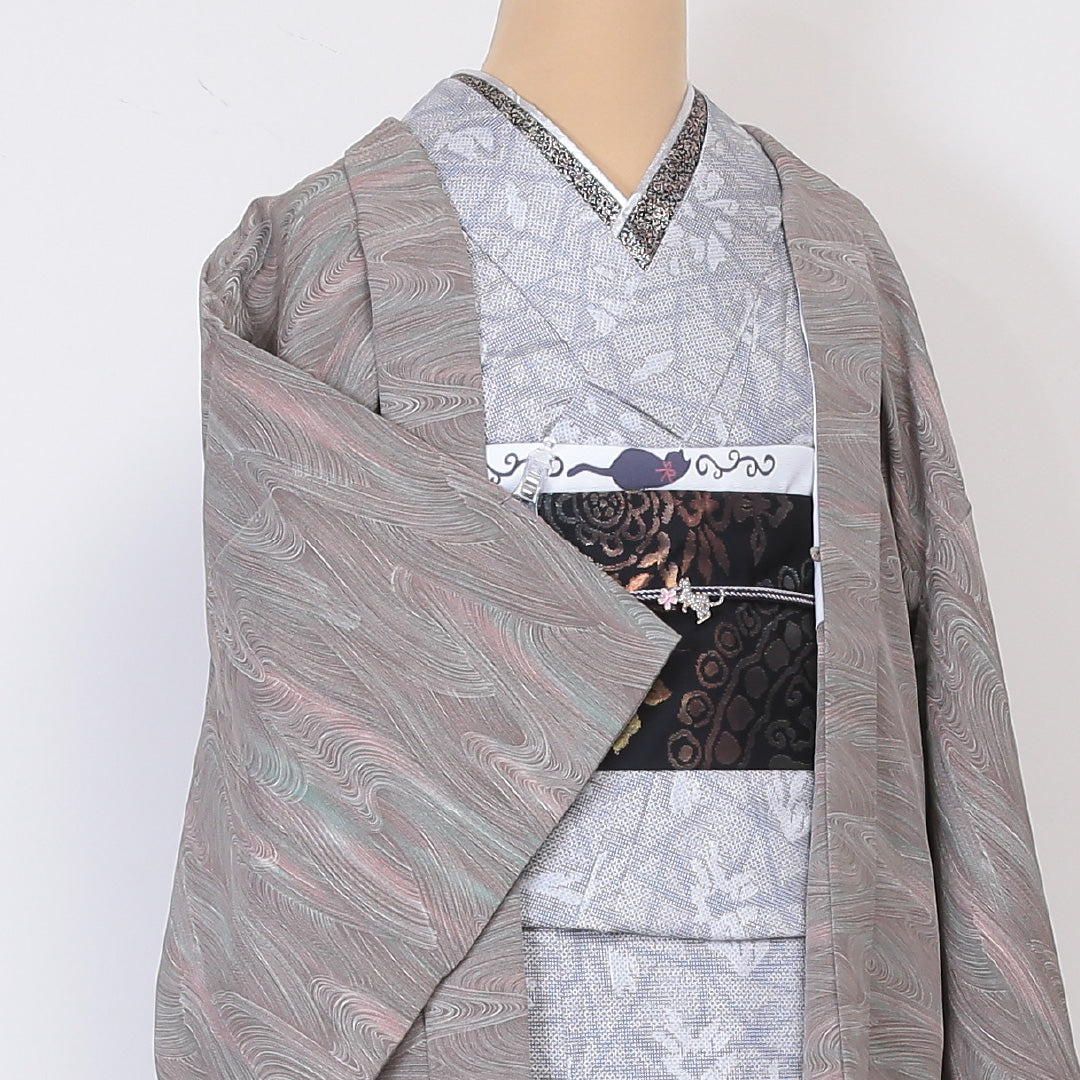 羽織 袷 身丈75cm 裄65cm 正絹 Sランク 流水 グレー系 1217-00677