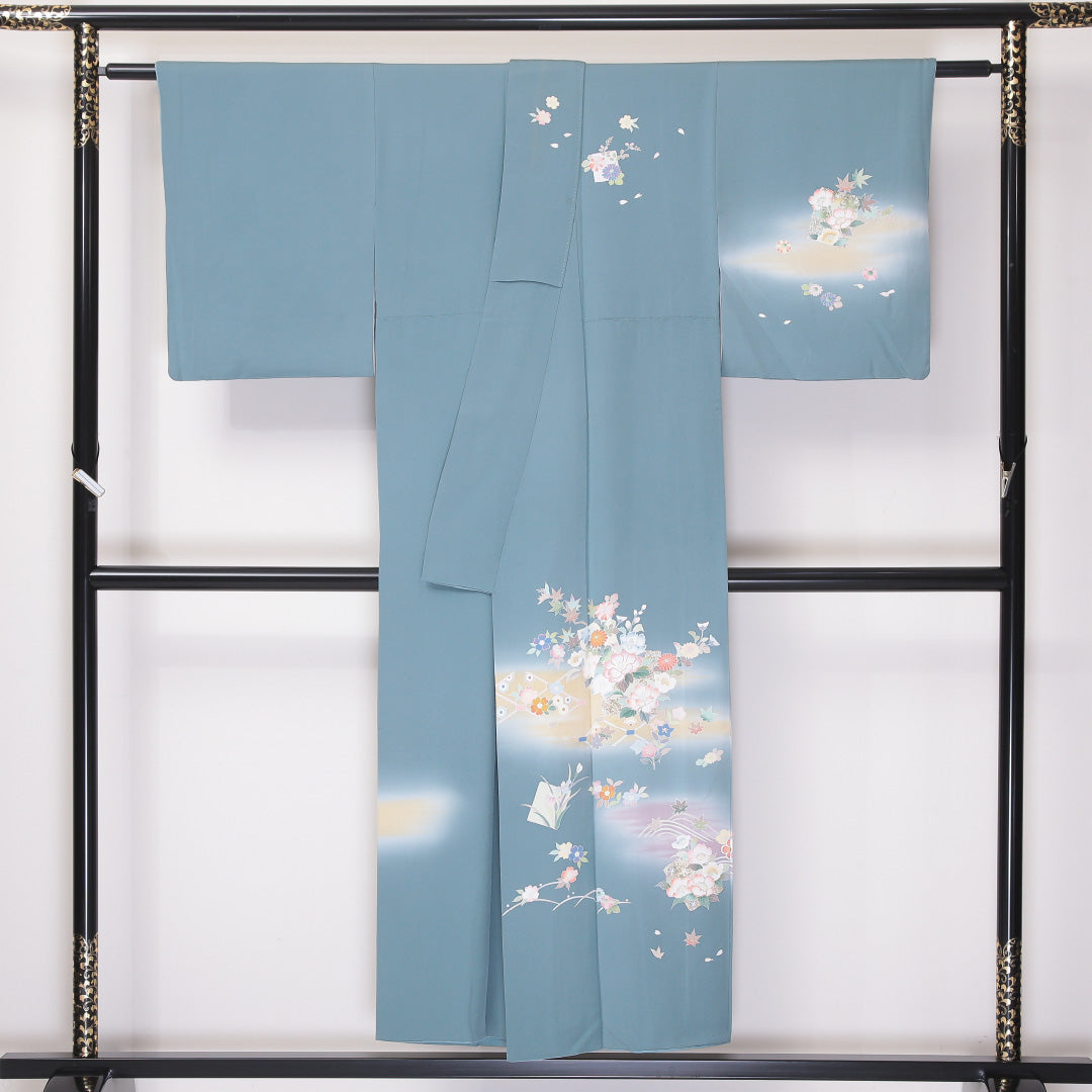 訪問着 袷 身丈149cm 裄61cm 正絹 一つ紋 ぼかし 牡丹 菊 金彩 立ち沢瀉 Aランク 1212-00648
