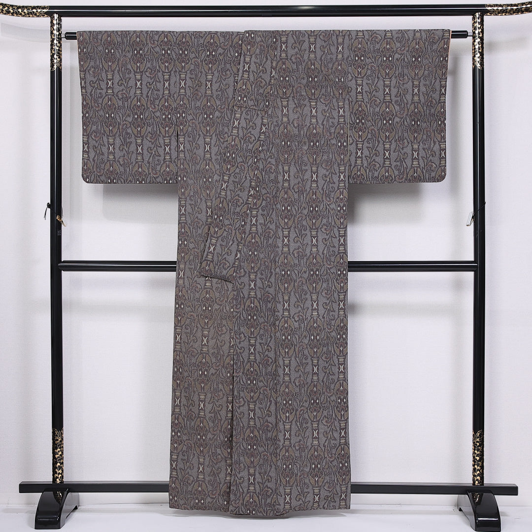 小紋 袷 身丈160cm 裄丈65cm 正絹 Aランク インフォーマル 広衿 Lサイズ アラベスク文様 グレー系 RP 1221-11356