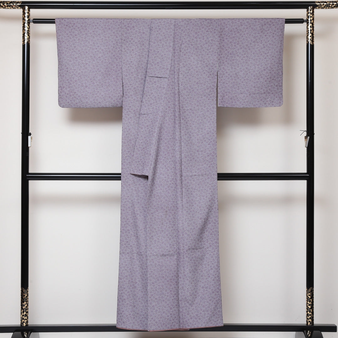 小紋 袷 身丈151cm 裄63cm 紫系 花柄 ボタニカル 洗える着物 Sランク 1215-01598-2220