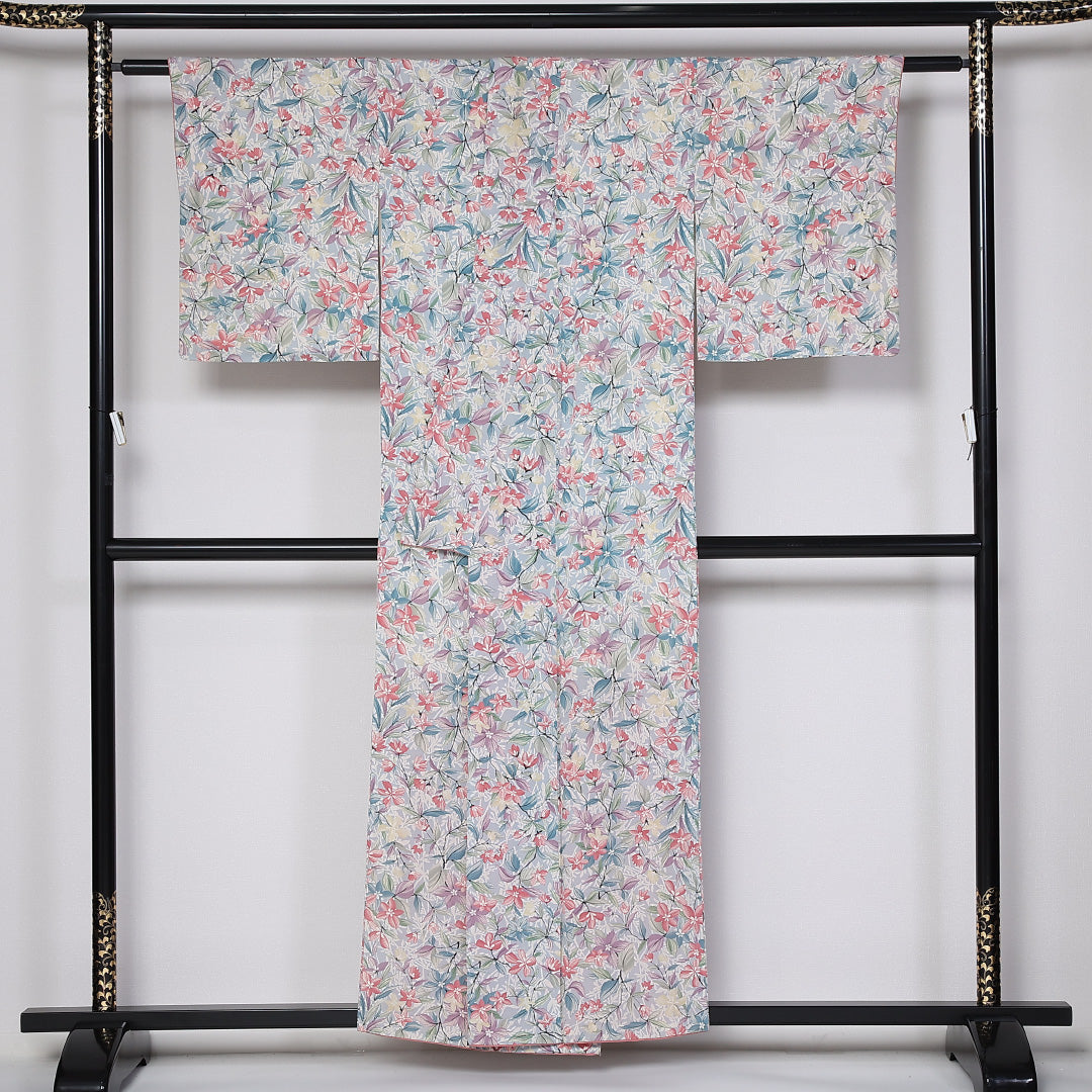 小紋 袷 身丈155cm 裄61.5cm 正絹 花柄 ボタニカル ちりめん 水色系 Aランク 1215-02447