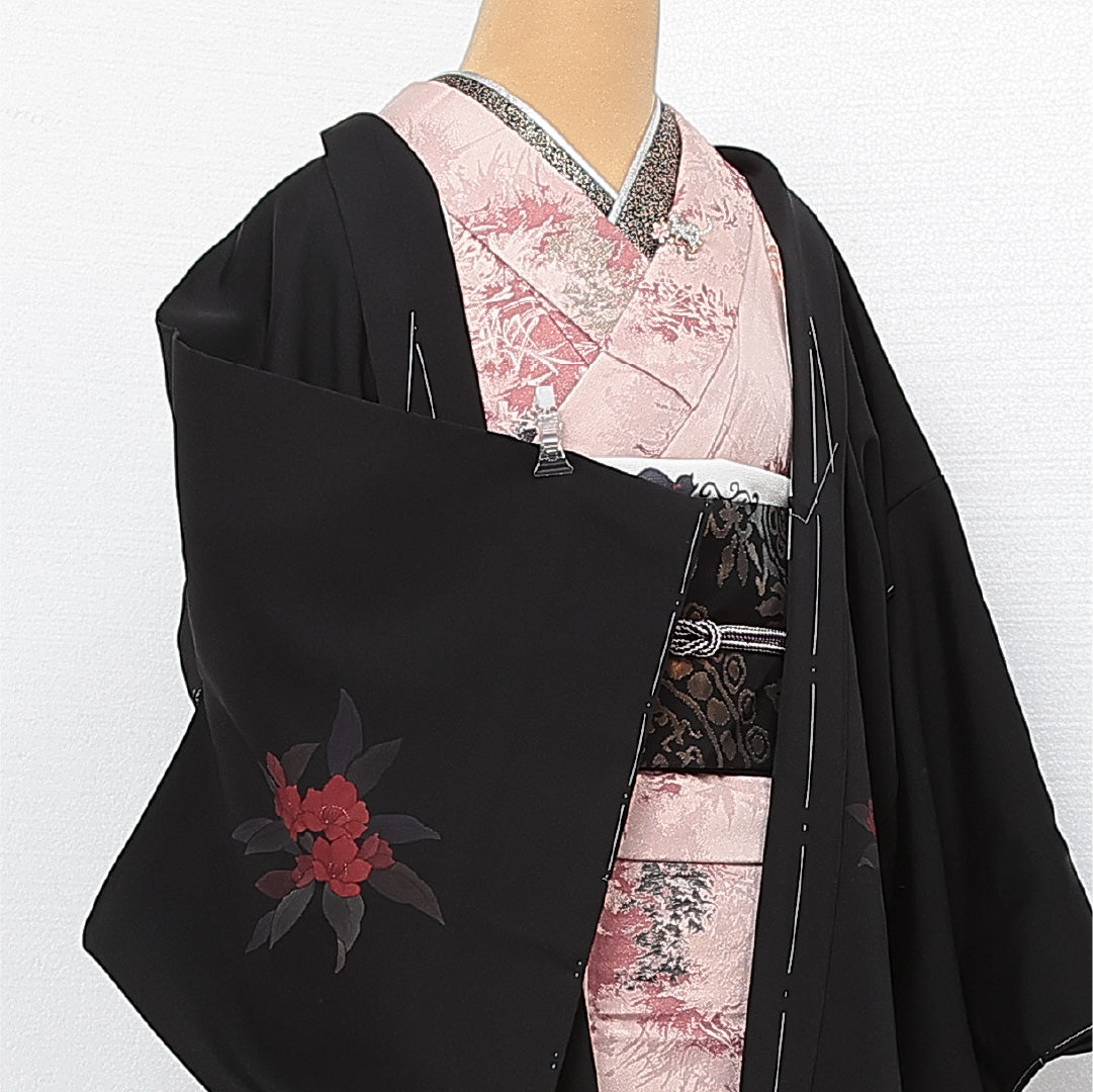 黒羽織 袷 身丈83cm 裄丈65cm 正絹 Sランク インフォーマル Mサイズ 証紙 花柄 黒系 RP 1233-13696