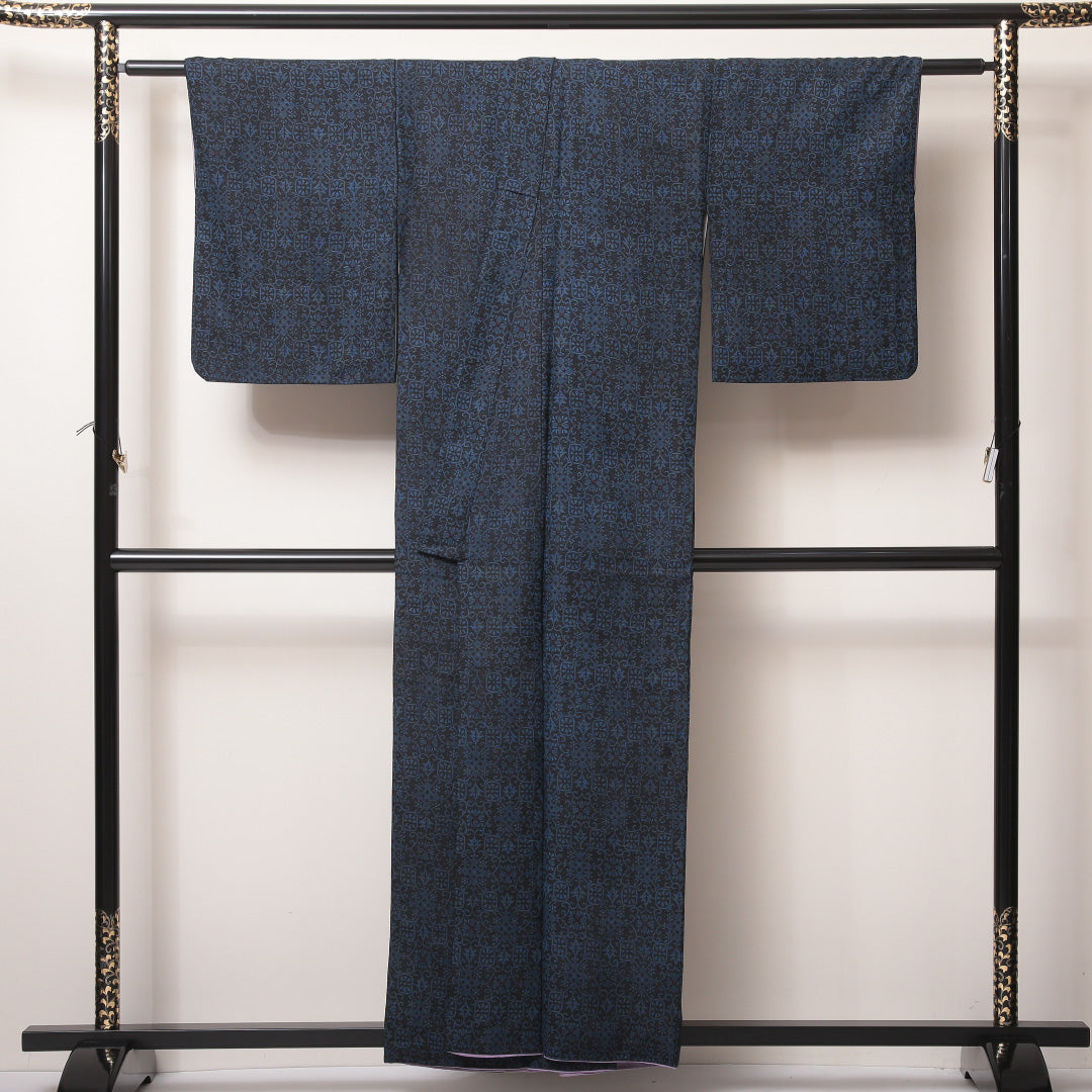 紬 袷 身丈158cm 裄64cm 正絹 オリエンタル 紺系 Sランク 1216-01029