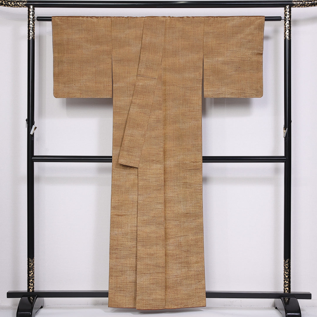信州紬 袷 身丈158cm 裄丈63cm 正絹 Sランク カジュアル 広衿 Mサイズ 格子 茶系 M4 1223-10474