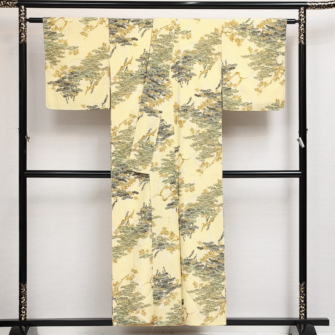 小紋 袷 身丈152cm 裄丈63cm 正絹 Sランク インフォーマル 広衿 Sサイズ 染め紬 藤 松 黄系 M4 1221-14004