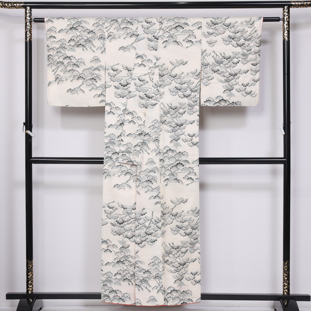 小紋 袷 身丈154cm 裄丈63cm 正絹 Bランク インフォーマル 広衿 Sサイズ 笠松 白系 RP 1221-11489