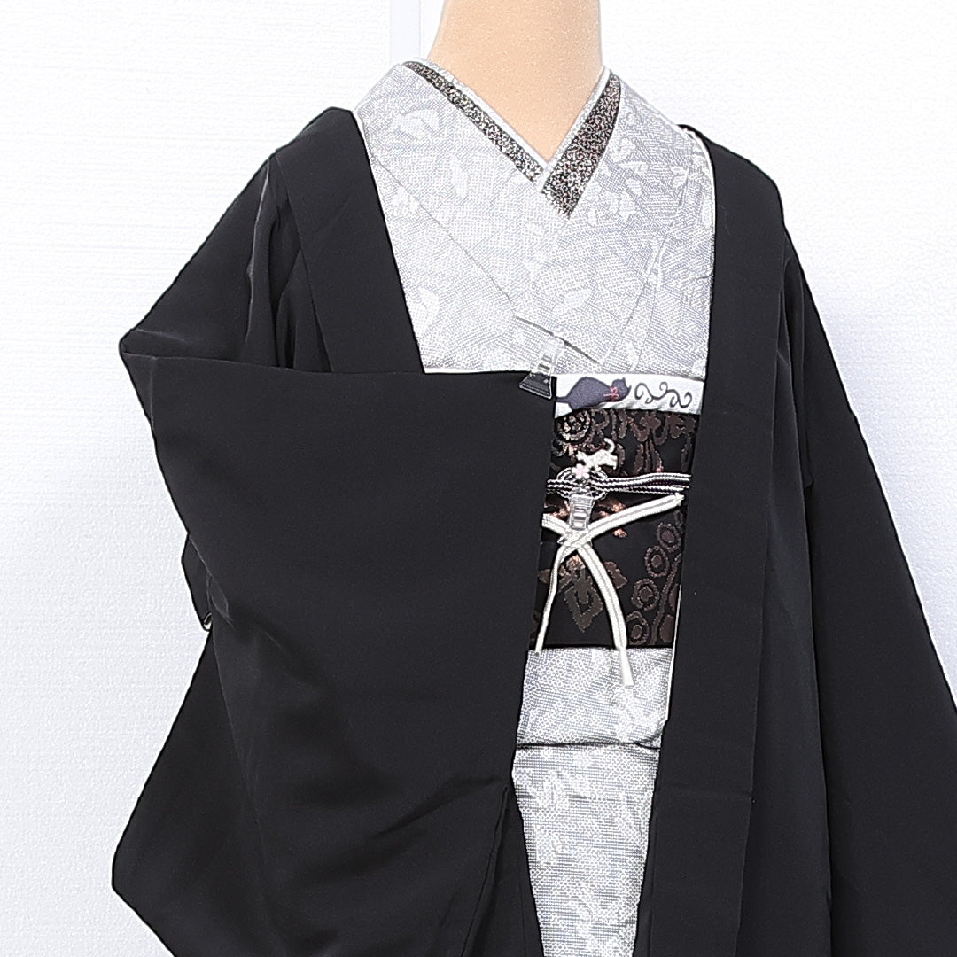 羽織 身丈80cm 裄丈64cm M 正絹 Aランク 袷 黒羽織 紐あり 菊 漆糸 1217-11117