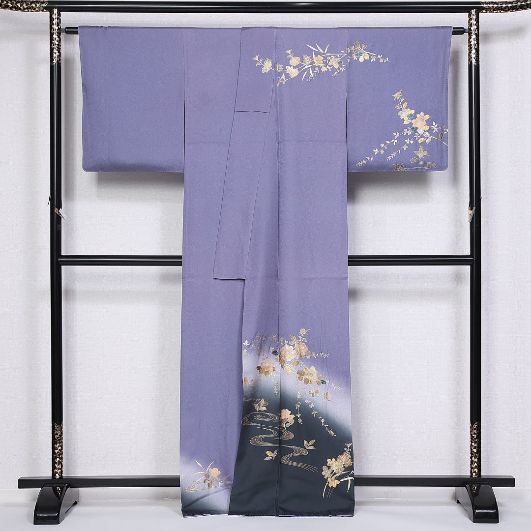 訪問着 身丈164cm 裄丈66cm Aランク 袷 正絹 広衿 ぼかし 流水 牡丹 金箔 1212-10198