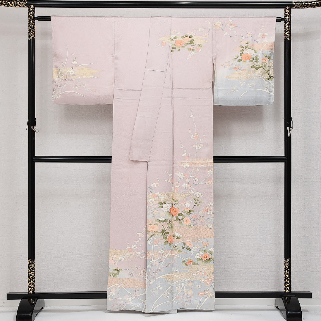 訪問着 袷 身丈160cm 裄丈67cm Sランク 正絹 広衿 Lサイズ 一つ紋(向かい蝶) セミフォーマル 蘇州刺繍 金彩 吉祥文様 上品 華やか ピンク系 紫系 1212-14247