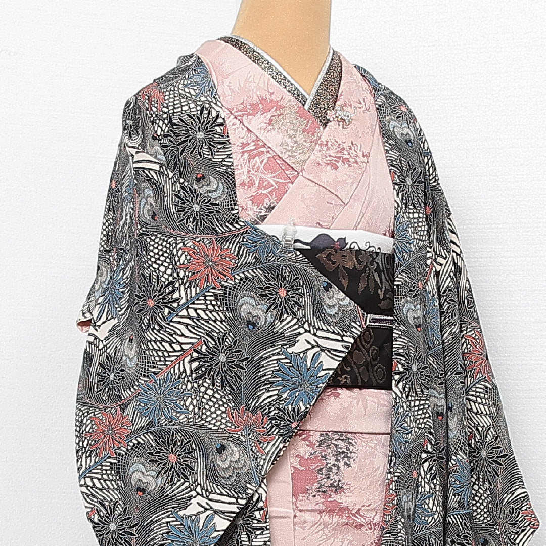 羽織 袷 身丈84cm 裄丈64cm 正絹 Aランク カジュアル Mサイズ 菊 孔雀の羽 グレー系 HP 1232-13882