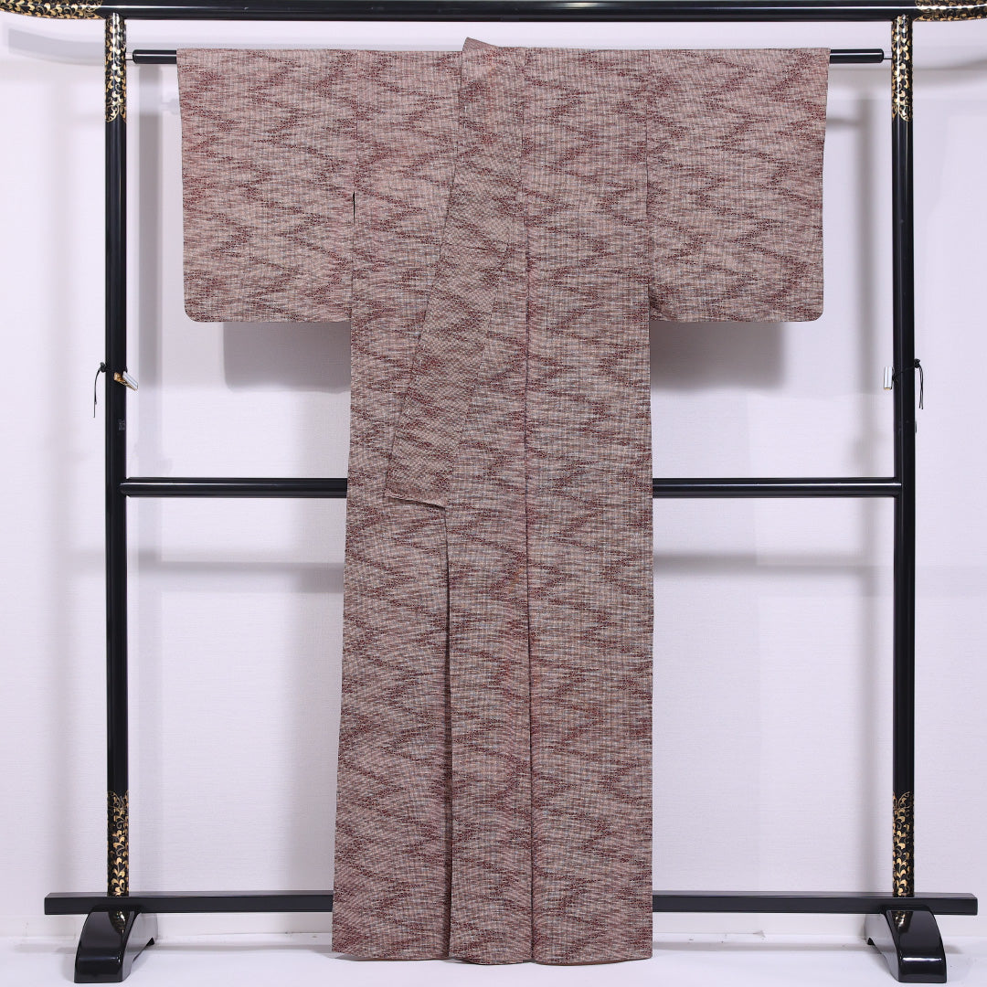 小紋 単衣 身丈161cm 裄丈62cm 正絹 Cランク インフォーマル 広衿 Lサイズ 創作柄 茶系 HP 1221-11848