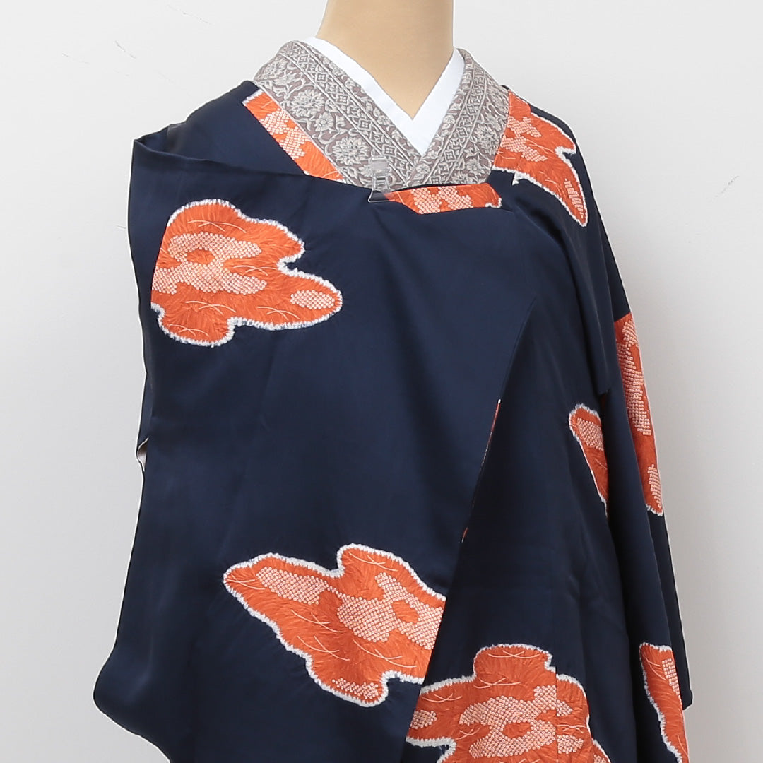 道行コート 袷 身丈87cm 裄丈62cm 正絹 Sランク Sサイズ フォーマル 雲取り 紺系 1263-05679