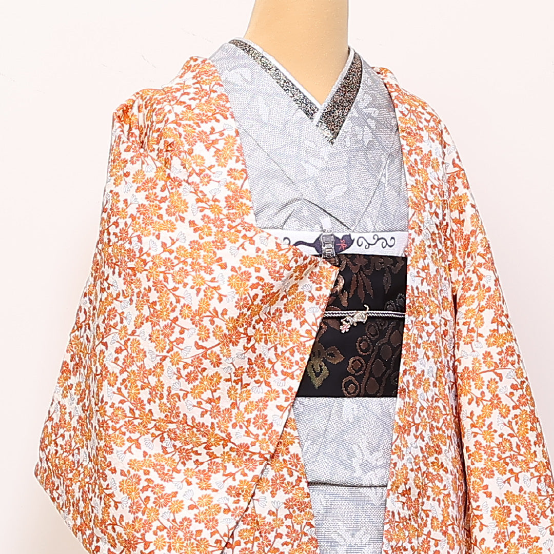 羽織 身丈76cm 裄丈63cm S 正絹 菊 朱系 Sランク 1217-00870