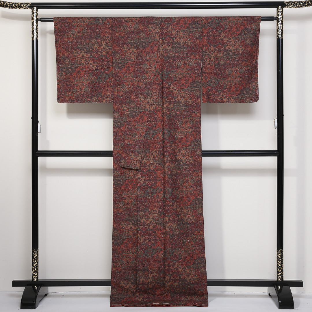 紬 袷 身丈173cm 裄65cm 正絹 茶系 Sランク 更紗 しつけ糸 1216-00661-2614