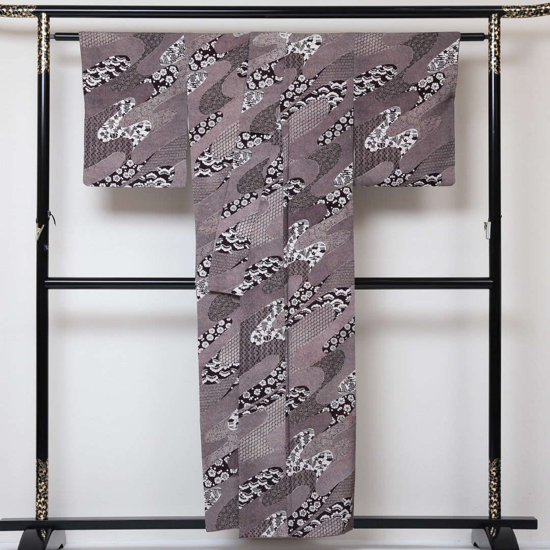 小紋 袷 身丈155cm 裄丈62cm 正絹 Bランク インフォーマル 広衿 Mサイズ 花柄 紫系 RP 1221-01470