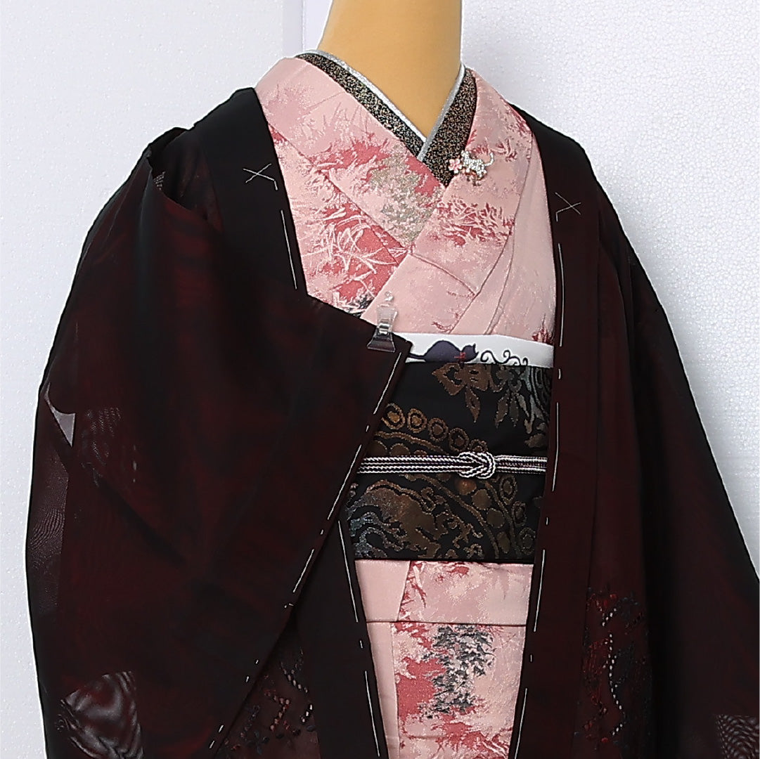夏物 黒羽織 二重紗 身丈78cm 裄丈64cm 正絹 Aランク インフォーマル Mサイズ 創作柄 黒系 RP 1233-12922