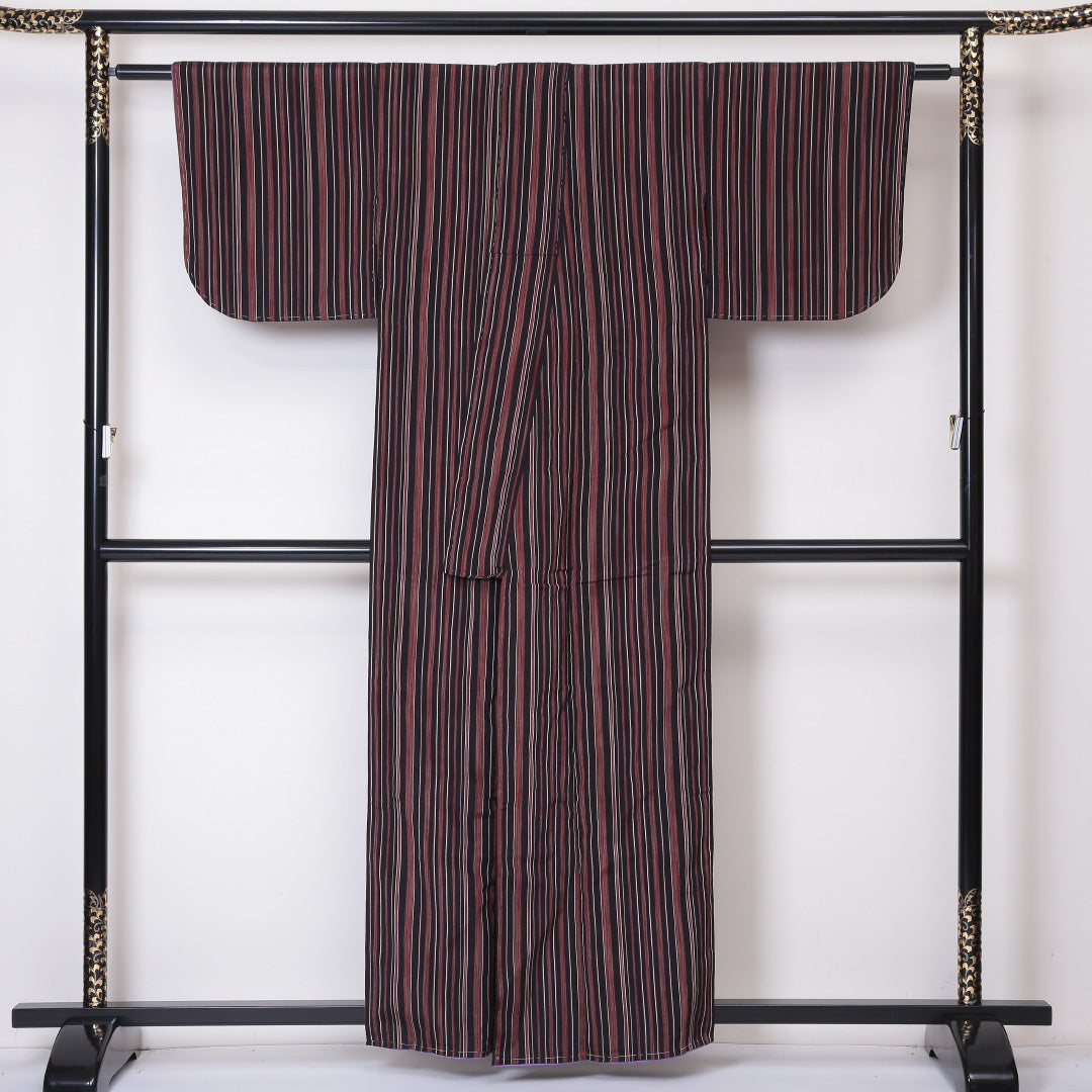 紬 袷 身丈158cm 裄丈63cm 正絹 Aランク カジュアル 広衿 Mサイズ 縞 茶系 RP 1223-03264