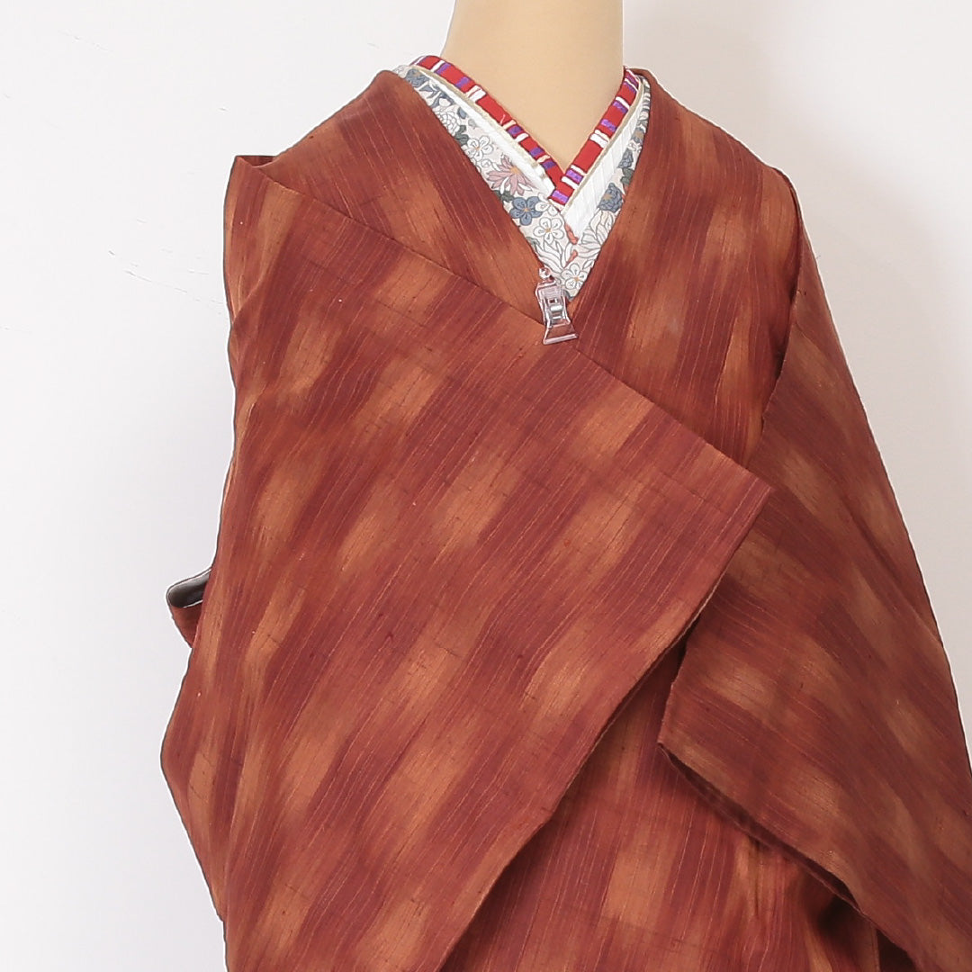 道中着(紬) 袷 身丈83cm 裄丈65cm 正絹 Sランク Mサイズ カジュアル 無地 朱系 1264-05764