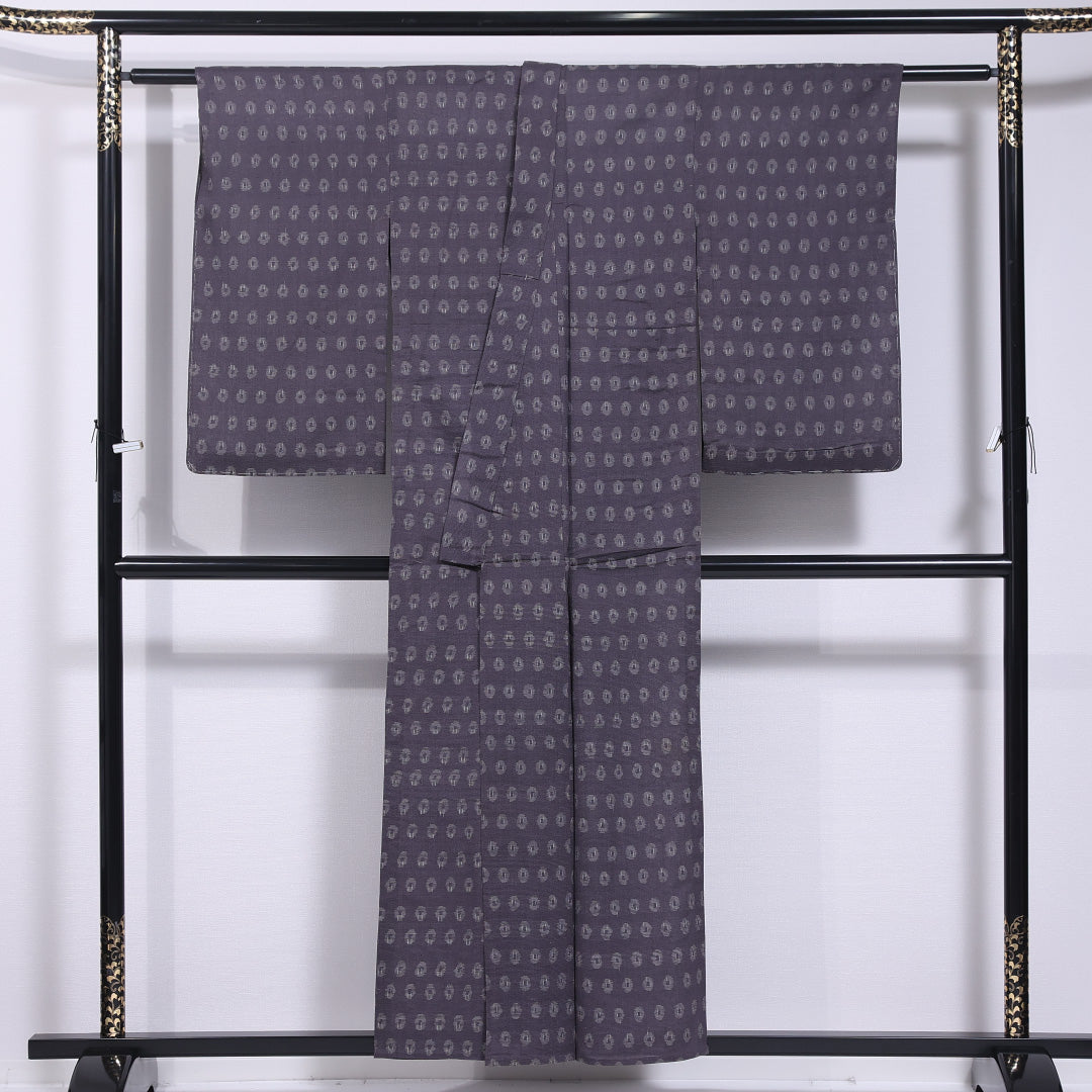 夏物 紬 絽 身丈155cm 裄丈61cm 正絹 Aランク カジュアル バチ衿 Mサイズ 創作柄 グレー系 RP 1223-11731