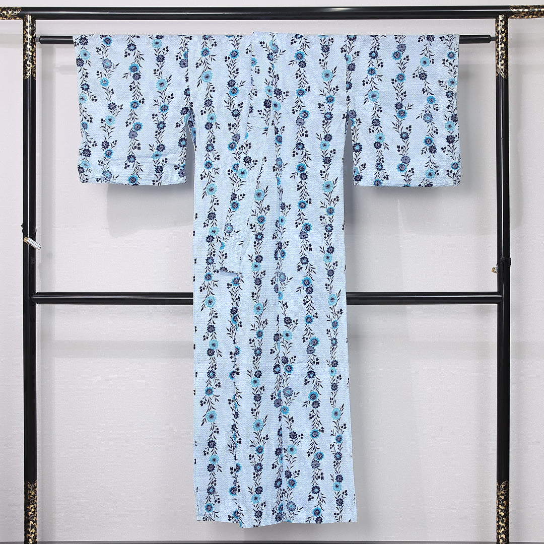 夏物 洗える着物 浴衣 夏物 身丈145cm 裄丈63cm ポリエステル Cランク カジュアル バチ衿 XSサイズ 居敷当て 肩当て 花柄 水色系 LP 1225-12448