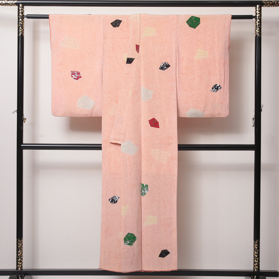 アンティーク 小紋 袷 身丈153cm 裄62cm 正絹 切嵌め ピンク系 Aランク 1215-02236