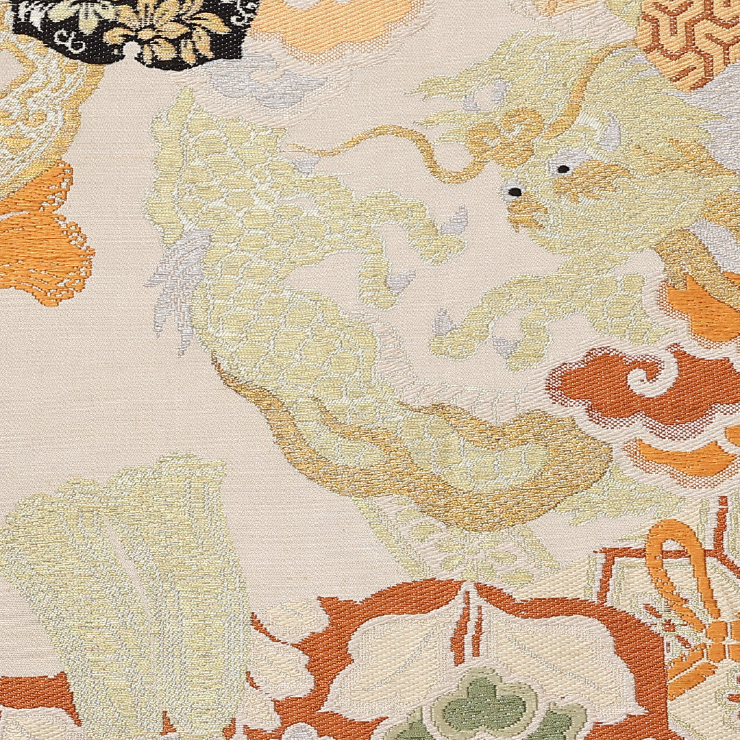 アンティーク 丸帯 帯丈400cm 正絹 全通 唐織 龍 丸文 金系 1242-00896