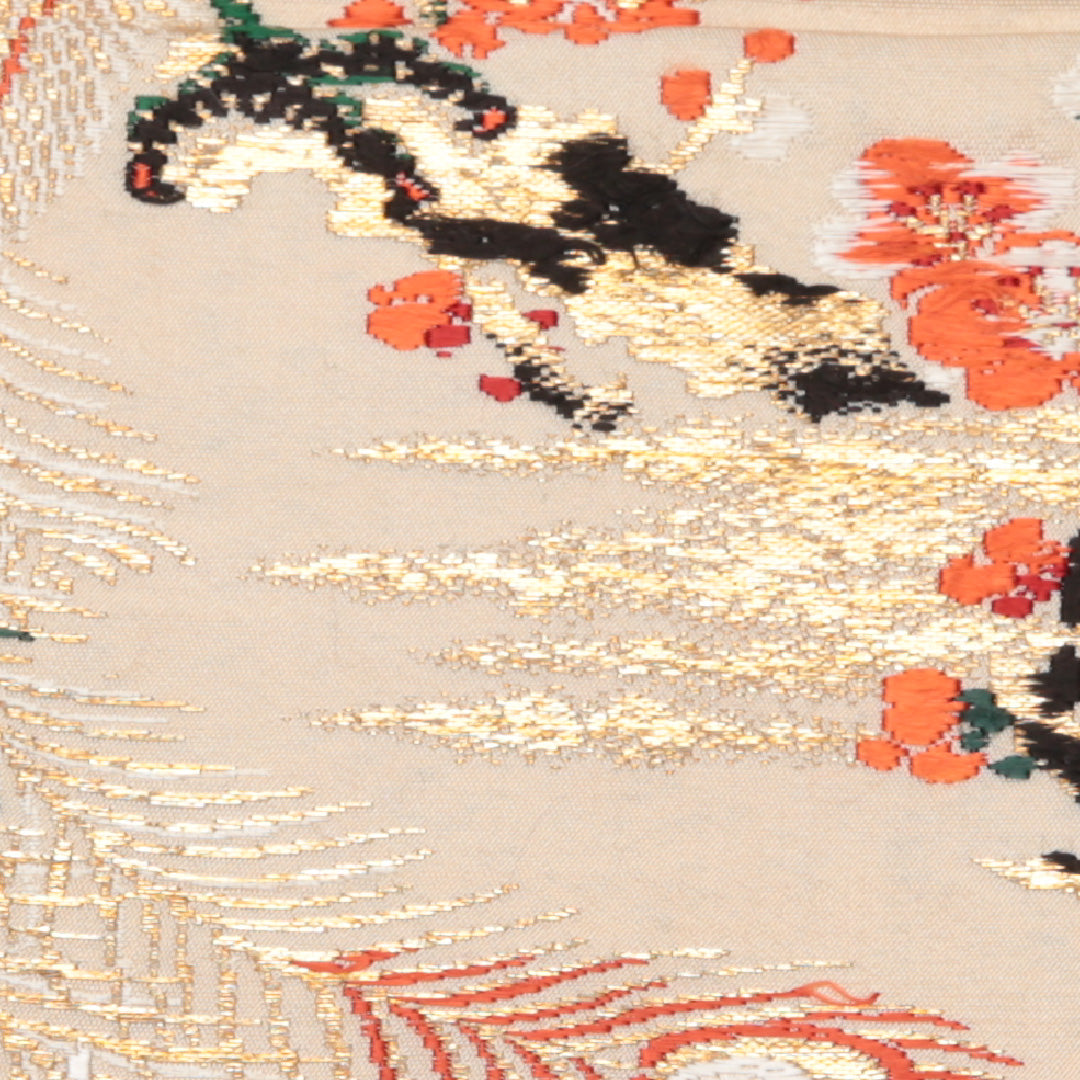 アンティーク 名古屋帯 帯丈323cm Cランク 名古屋仕立て 六通 正絹 孔雀 桜 梅 金糸 セミフォーマル クリーム系 1224-01515