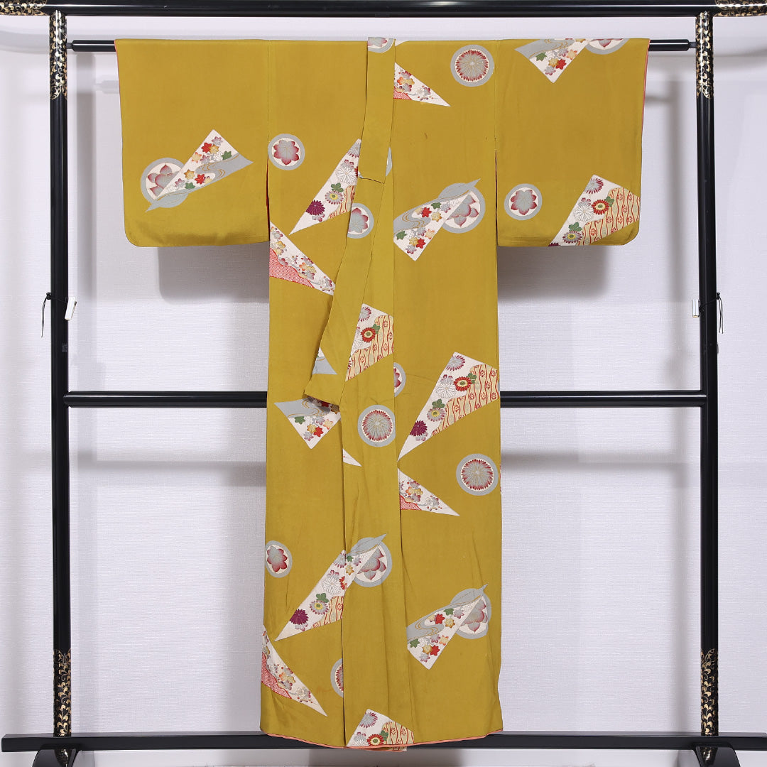アンティーク 小紋 袷 身丈150cm 裄丈62cm 正絹 Bランク バチ衿 Sサイズ 花柄 紅葉 黄系 M4 1221-11787