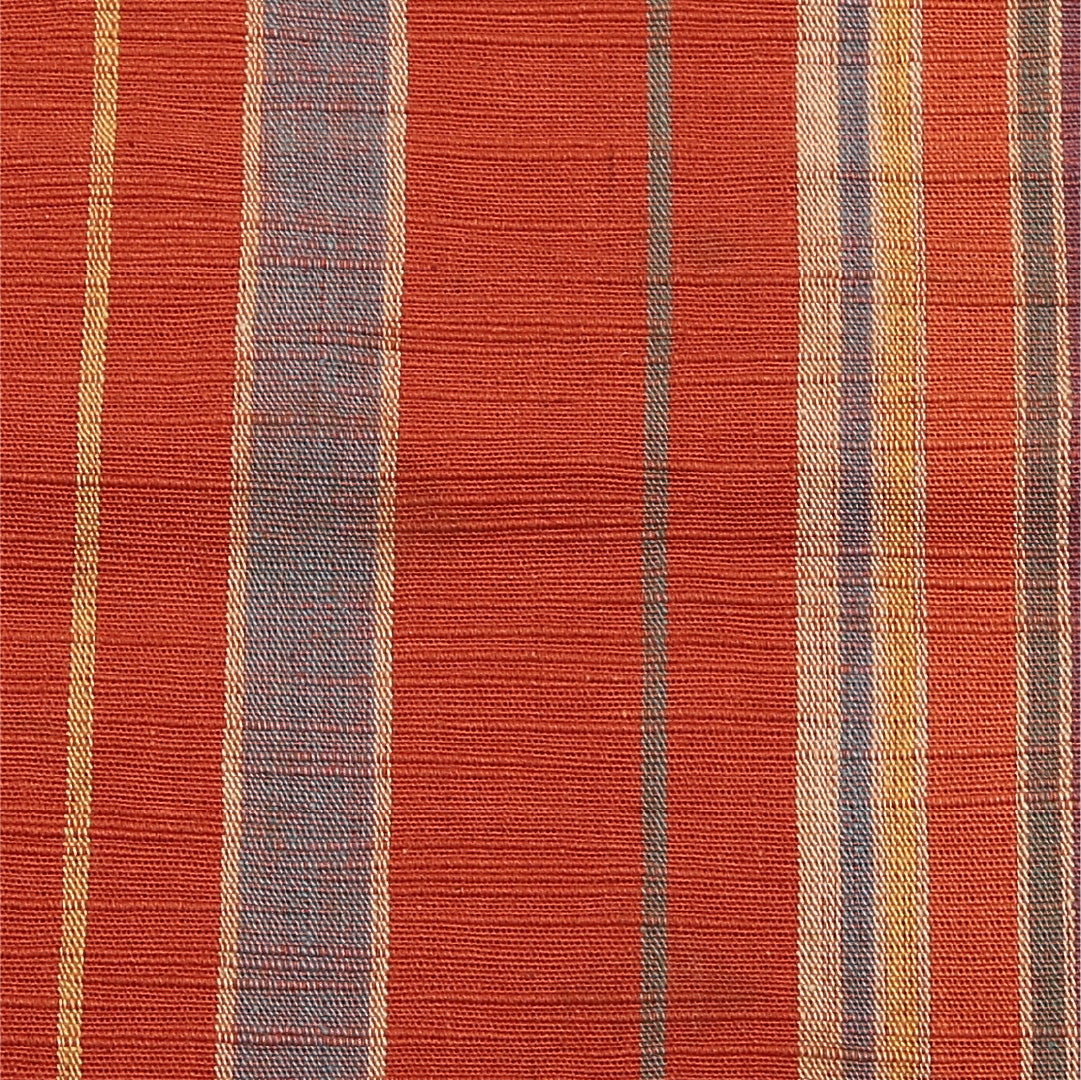 名古屋帯 帯丈352cm Cランク 開き仕立て 全通 正絹 遠州綿紬 紬 縞 カジュアル 朱系 1224-01945