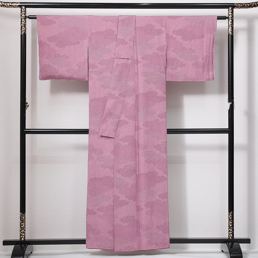 江戸小紋(寄せ柄) 袷 身丈156cm 裄丈65cm 正絹 伝統工芸秘蔵江戸小紋 Sランク Mサイズ 広衿 インフォーマル 証紙 紫系 ピンク系 1262-14957