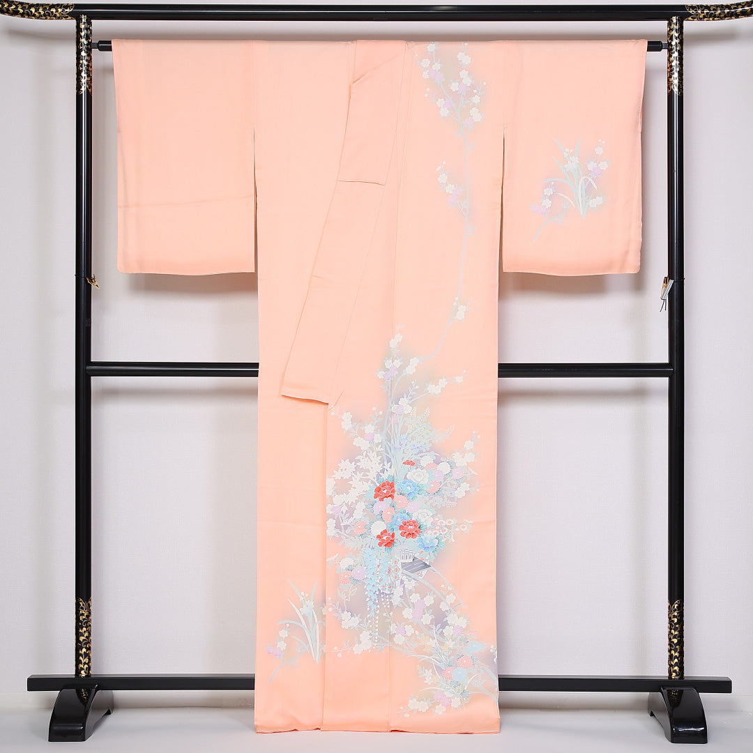 訪問着 袷 身丈167cm 裄丈65cm 正絹 Sランク セミフォーマル 広衿 XLサイズ 花車 ピンク系 PO 1217-04780