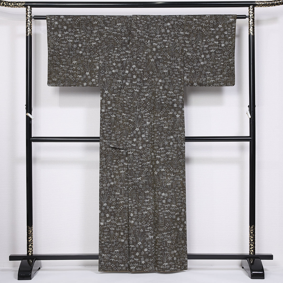 紬 袷 身丈160cm 裄丈62cm 正絹 Aランク カジュアル 広衿 Lサイズ 笹 茶系 RP 1223-11304