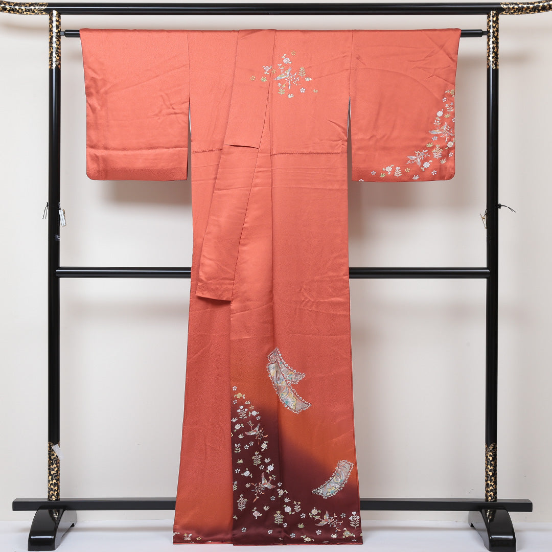 訪問着 袷 身丈166cm 裄丈66cm 正絹 Sランク 紋意匠 (花柄) セミフォーマル 広衿 XLサイズ ぼかし染 花喰鳥 ピンク系 RP 1217-04312