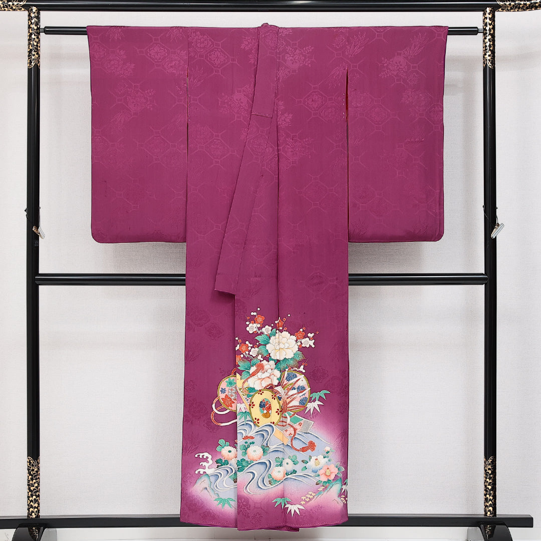アンティーク 色留袖 (錦紗) 一つ紋 三つ割り橘 身丈151cm 裄丈59cm Aランク 正絹 袷 バチ衿 S 四君子 鼓 古典的 伝統的 紫系 1211-F0628
