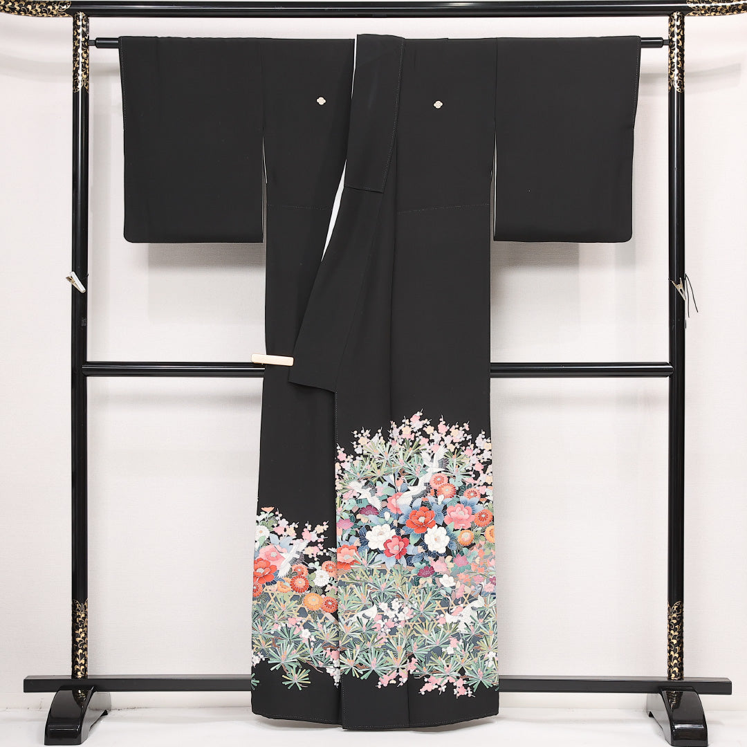 黒留袖 五つ紋 木瓜 香峯 身丈160cm 裄丈64.5cm Cランク 正絹 袷 比翼 広衿 L 落款 加賀友禅 鶴 牡丹 フォーマル 華やか 気品 黒系 1211-F0586